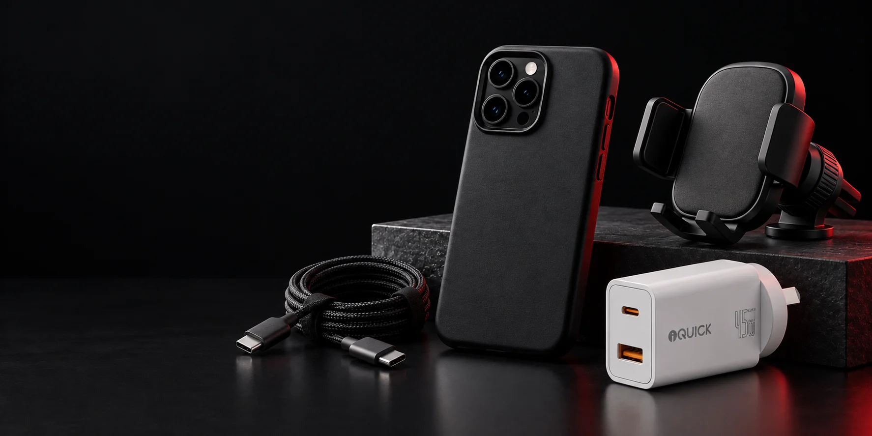 Phone chargers, cables, cases and a car mount