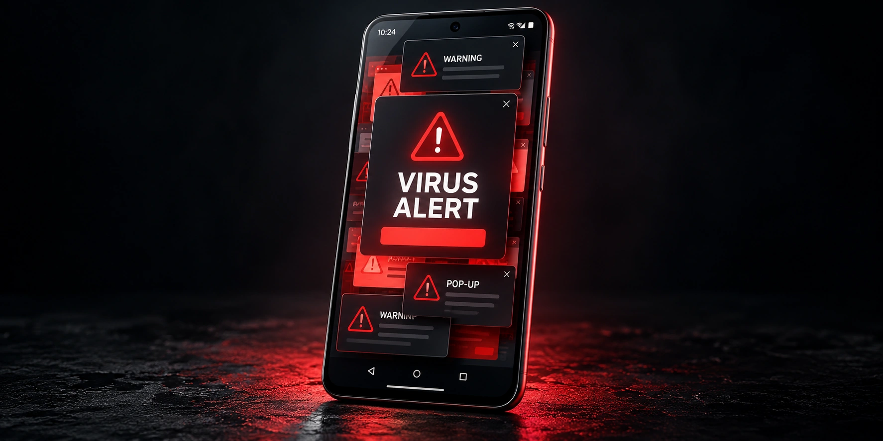 Android phone showing fake virus warnings and unwanted pop-ups